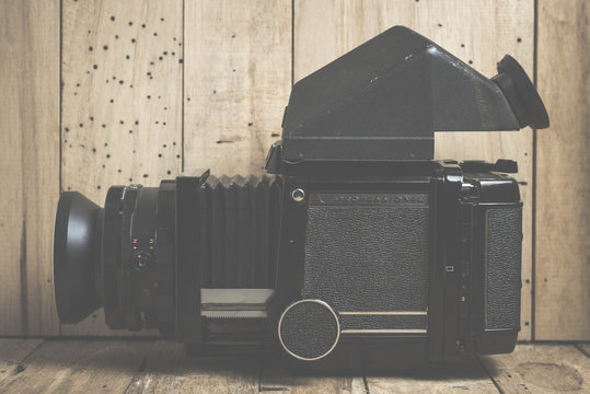 Moscow, Russia - March 09, 2016: Medium format analog camera. Vintage object. Mamiya RB67 Professional .