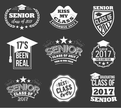 Collection of logo badges and labels for graduating class
