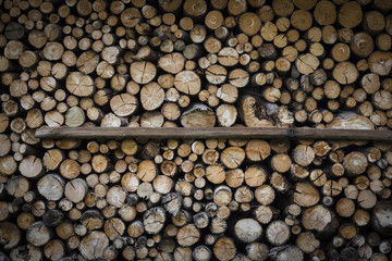The wall of the log house. Firewood for the winter. Background