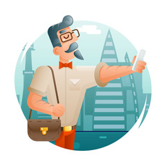 Hipster Geek Mobile Phone Selfie Businessman Cartoon Character Icon City Background Flat Design Vector Illustration
