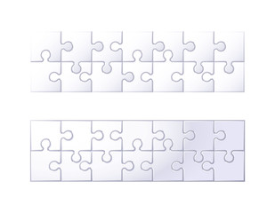 14 puzzle pieces are assembled in the rectangle. Vector illustration.