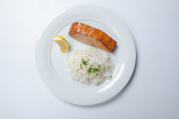 Salmon stake with boiled rise