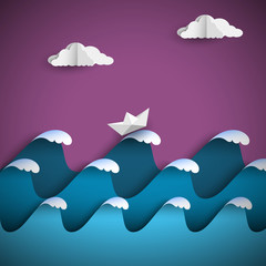 Origami paper waves with clouds and ship