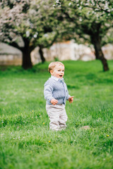 Cute toddler boy standing in the green garden.