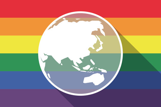 Long shadow gay pride flag with  an Asia Pacific world globe map