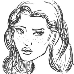 Hand-drawn graphics fashion portrait with beautiful young woman, inviting girl, top model.