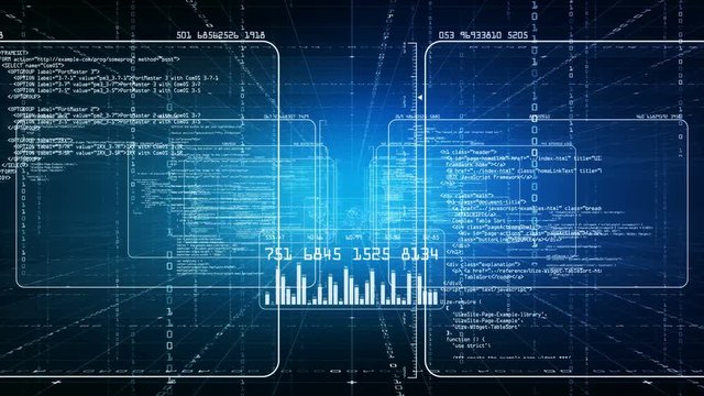 Software source code and program data in the virtual space. Perfect to use as a technology or futuristic background. Available in multiple versions. Green version. Seamless loop. 4K