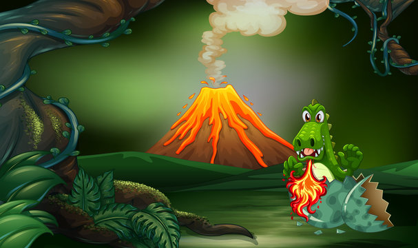 Volcano scene with dragon blowing fire