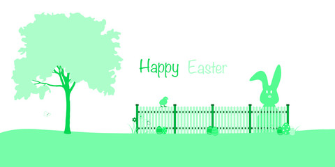 Happy Easter. Rabbit and biddy with fence and Easter eggs in green landscape.