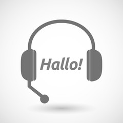 Isolated hands free headphones with  the text Hello! in the German language