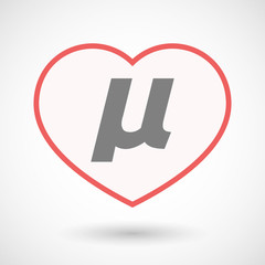 Isolated line art heart with  a micro sign, mu greek letter