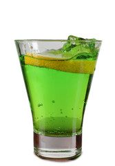Glass cup with a cocktail and lemon on white background