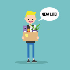 New life conceptual illustration. Young blond boy holding a box full of office stationery goods / flat editable vector illustration, clip art