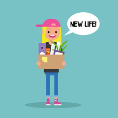 New life conceptual illustration. Young blond girl holding a box full of office stationery goods / flat editable vector illustration, clip art