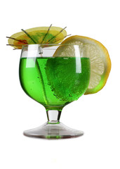 Glass cup with a cocktail and lemon on white background