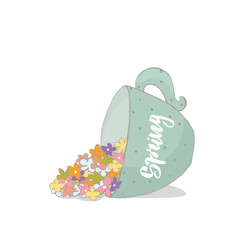 Easter Illustration with flowers in cup. Spring concept isolated on white. Vector illustration