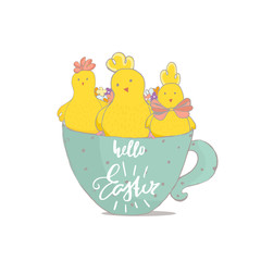Easter greeting background with cute chiks in cup. Hand drawn Spring vector Illustration