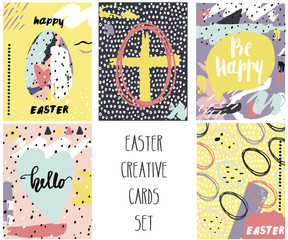 Happy Easter creative cards with hand drawn textures. Easter background with rabbits and egg. Easter Vector greeting card.