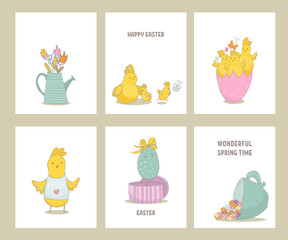 Set of premade Easter cards with hand drawn chiks and spring elements. Cute hand sketched chiks. Vector Illustration