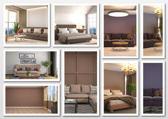 Obraz na płótnie Canvas Collage of modern home brown interior. 3d illustration