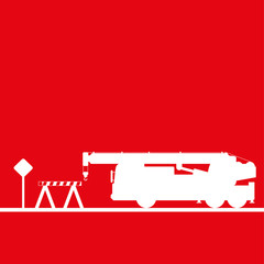 Truck crane in the workplace. Vector illustration. Red and white view