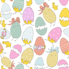 Seamless pattern with cute hand drawn chicks. Easter theme texture. Easter Spring background with flowers and eggs. Vector Background