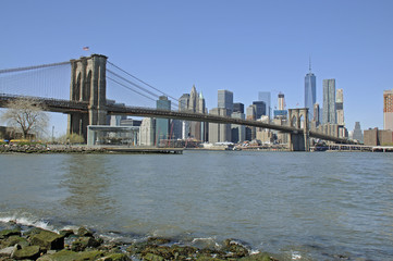 Fototapeta na wymiar Panoramic view of Manhattan skyline from Brooklyn Bridge, New York City