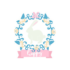 Easter banner with rabbit and ribbon. Spring floral composition. Spring label. Greeting background.Vector Illustration