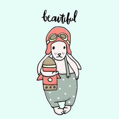 Cute little bunny boy pilot. Hand Sketched cartoon rabbit Holds a rocket in his hand. Great for baby t-shirt print, kids wear, baby shower,fashion print design,poster,cards. Vector illustration