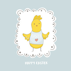 Happy Easter greeting background with cute chick character. Hand drawn vector Illustration.