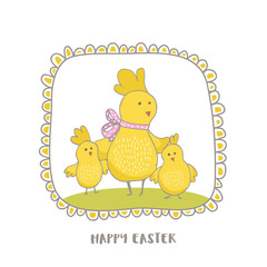 Happy Easter greeting background with cute Mommy chicken and little chicks. Hand drawn vector Illustration.