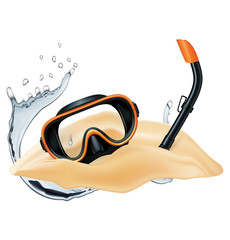 Sand, dive mask, snorkel, water splash. Vector illustration - 142345997