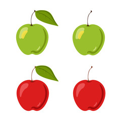 Vector flat illustration of set red and green apples with leaf