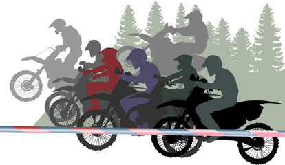 men on motorcycles with green firs on background