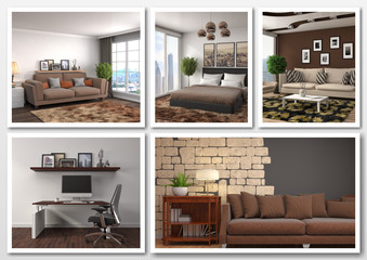 Collage of modern home brown interior. 3d illustration