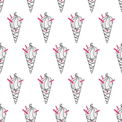 Seamless doodle ice cream cone pattern, hand-drawn monochrome background with pink accent, ice-cream vector, summer food background, EPS 8