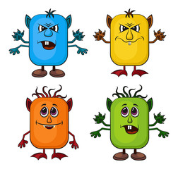 Set of Funny Colorful Cartoon Characters, Different Monsters, Elements for your Design, Prints and Banners, Isolated on White Background. Vector