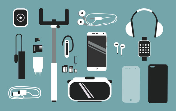 Smart phone accessories vector flat style illustration set. Creative mobile collection.