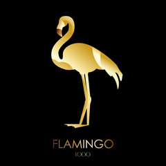 Golden flamingo icon on dark background. Flat design. © yanabear