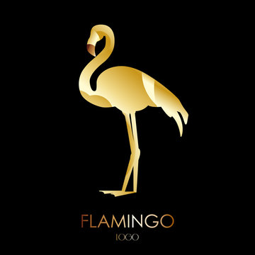 Golden flamingo icon on dark background. Flat design.