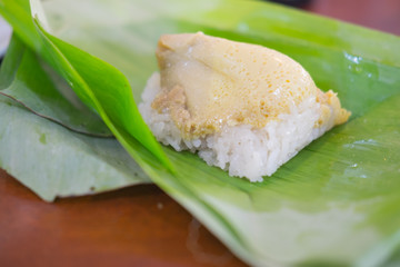 Thai dessert Sticky rice with steamed custard