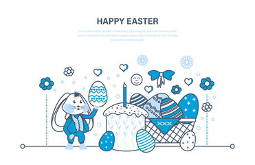 Beautifully decorated eggs lie in basket, cake with candle, rabbit.