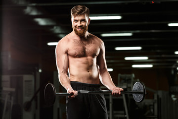 Fototapeta na wymiar Smiling sports man make sport exercises with barbell