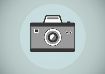 grey camera illustration icon in circle against blue background