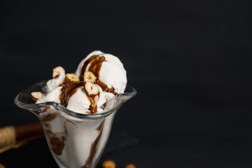 Vanilla ice cream with chocolate topping on the wooden background. Shallow depth of field.
