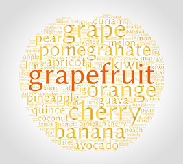 Grapefruit. Word cloud in shape of fruit, grey gradient background. Natural food.