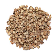 Air dried and cracked organic White peppercorns (Piper nigrum) isolated on white background for Infused Tea. Macro closeup. Top view.