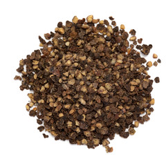 Dried Organic and cracked Black peppercorns (Piper nigrum) isolated on white background for Infused Tea. Macro closeup. Top view.