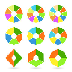 Set of pie charts with straight edges. Templates sectoral angular graphs in flat style. Colorful elements for infographics. Vector