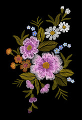 Embroidery colorful floral pattern with dog roses and forget me not flowers. Vector traditional folk fashion ornament on black background.